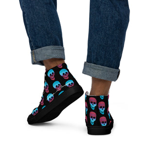 Cerulean and magenta skulls on black Men’s high top canvas shoes