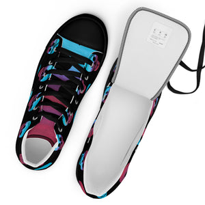 Cerulean and magenta skulls on black Men’s high top canvas shoes