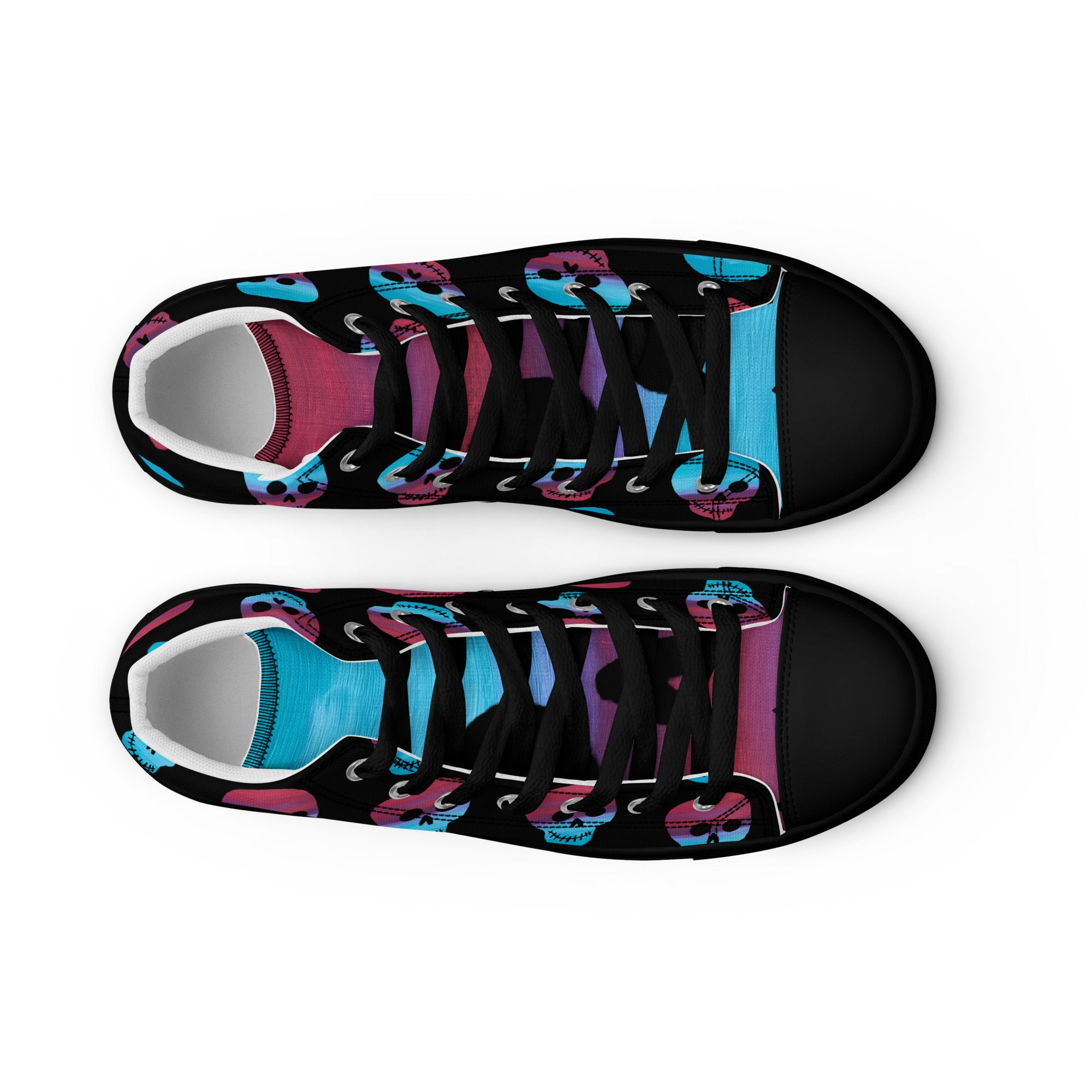 Cerulean and magenta skulls on black Men’s high top canvas shoes