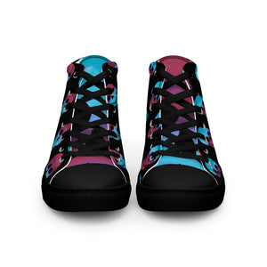 Cerulean and magenta skulls on black Men’s high top canvas shoes