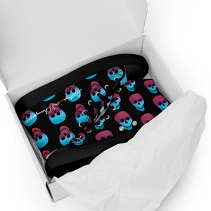 Cerulean and magenta skulls on black Men’s high top canvas shoes