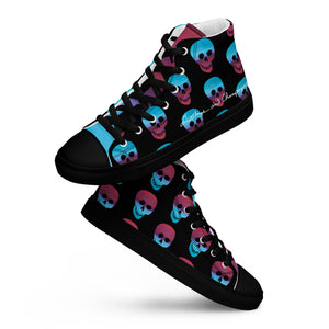 Cerulean and magenta skulls on black Men’s high top canvas shoes