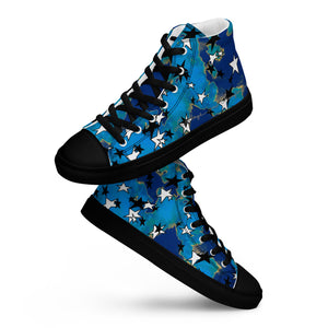 black and white stars, blue and yellow painted camo Men’s high top canvas shoes