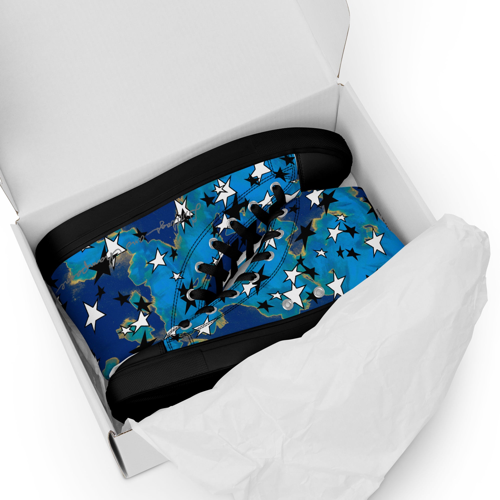 black and white stars, blue and yellow painted camo Men’s high top canvas shoes