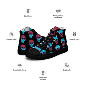 Cerulean and magenta skulls on black Men’s high top canvas shoes