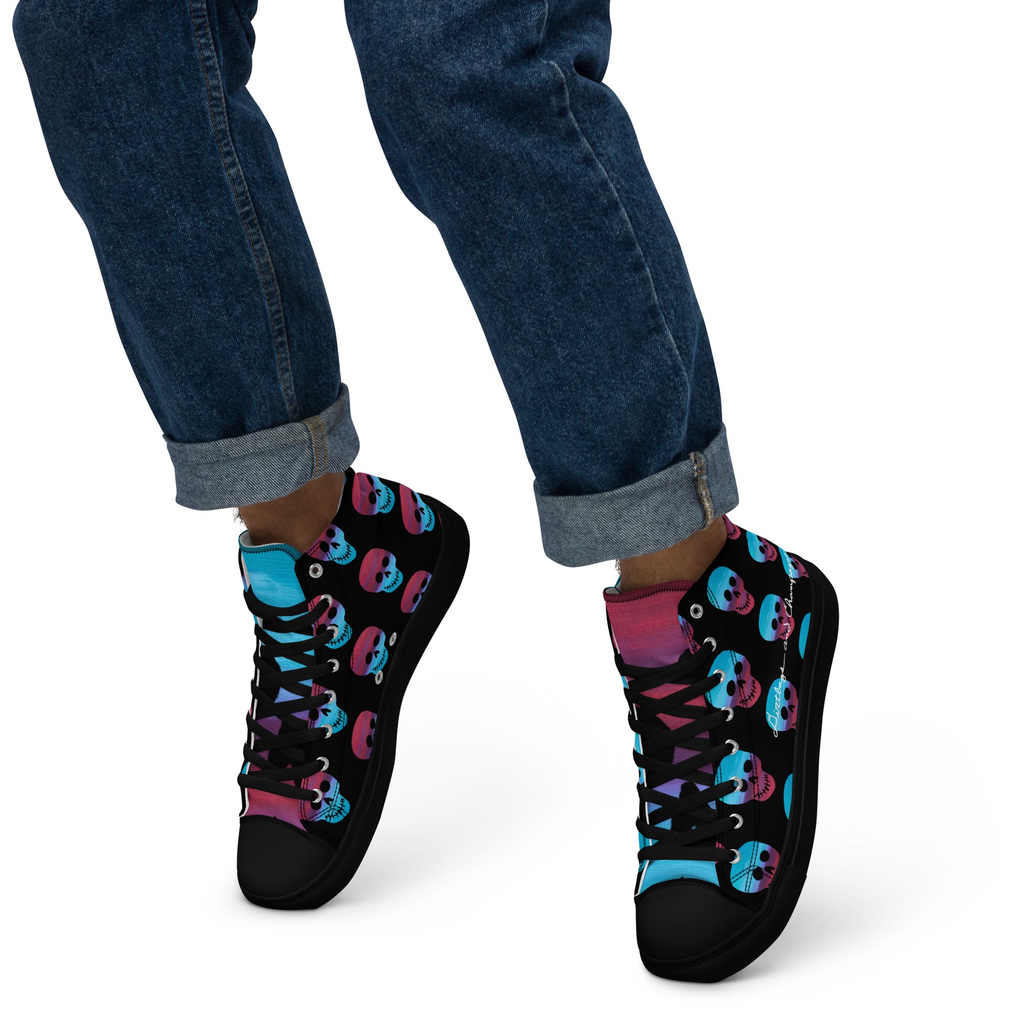 Cerulean and magenta skulls on black Men’s high top canvas shoes