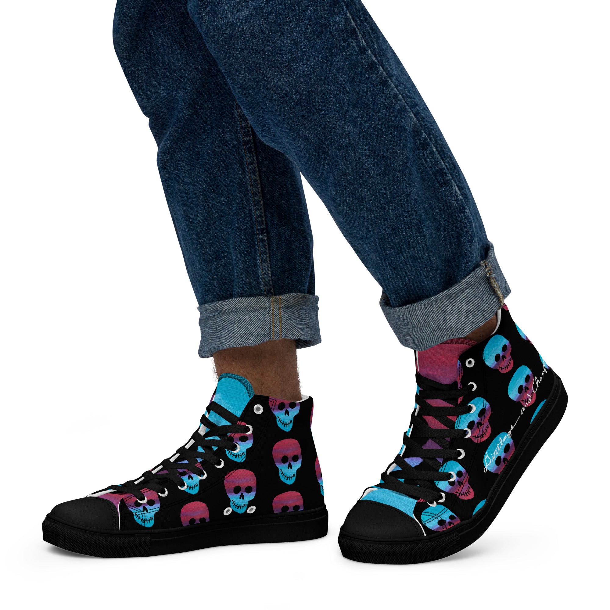 Cerulean and magenta skulls on black Men’s high top canvas shoes