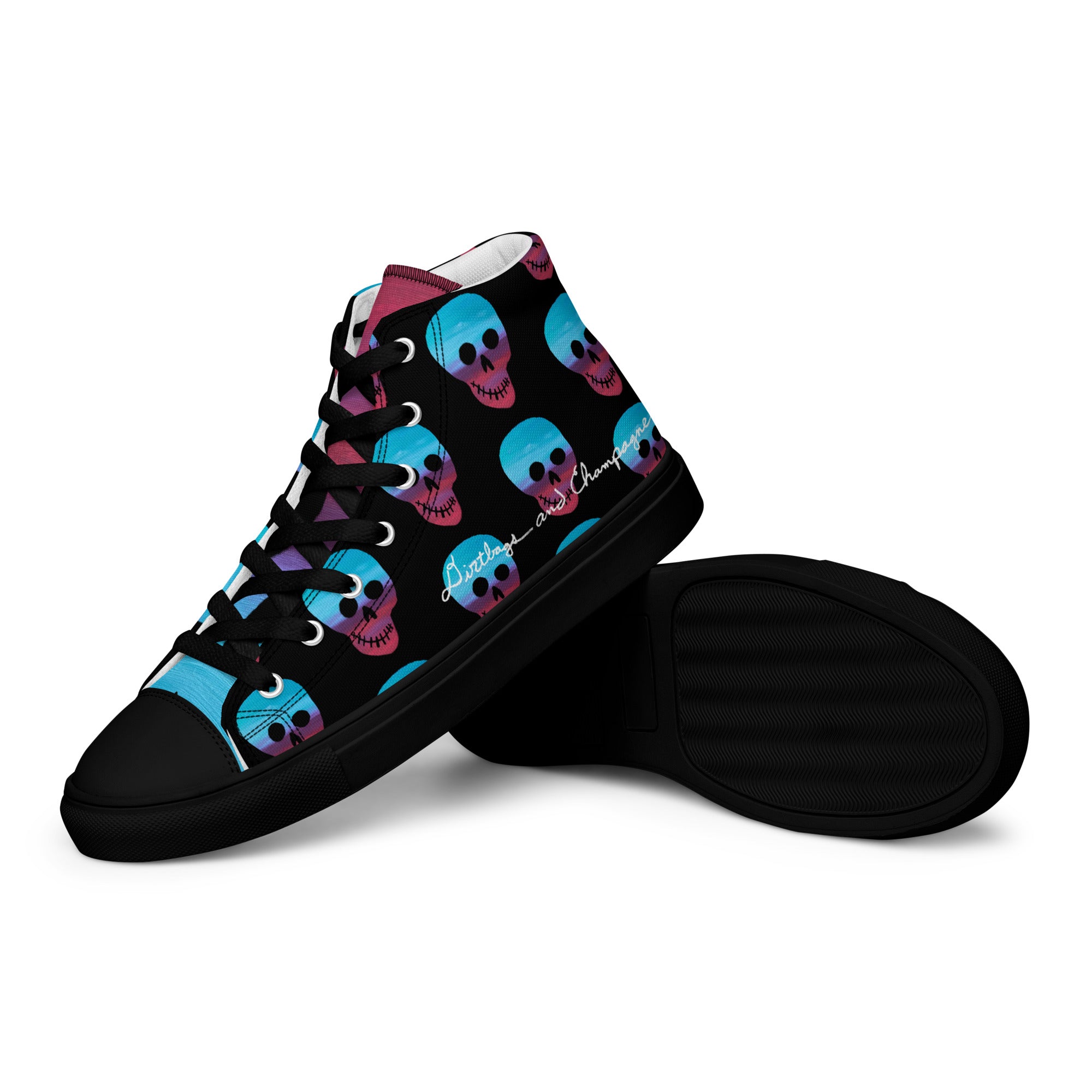 Cerulean and magenta skulls on black Men’s high top canvas shoes