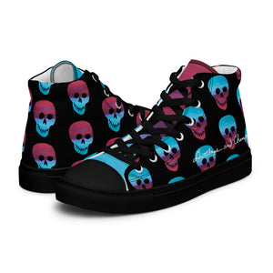 Cerulean and magenta skulls on black Men’s high top canvas shoes