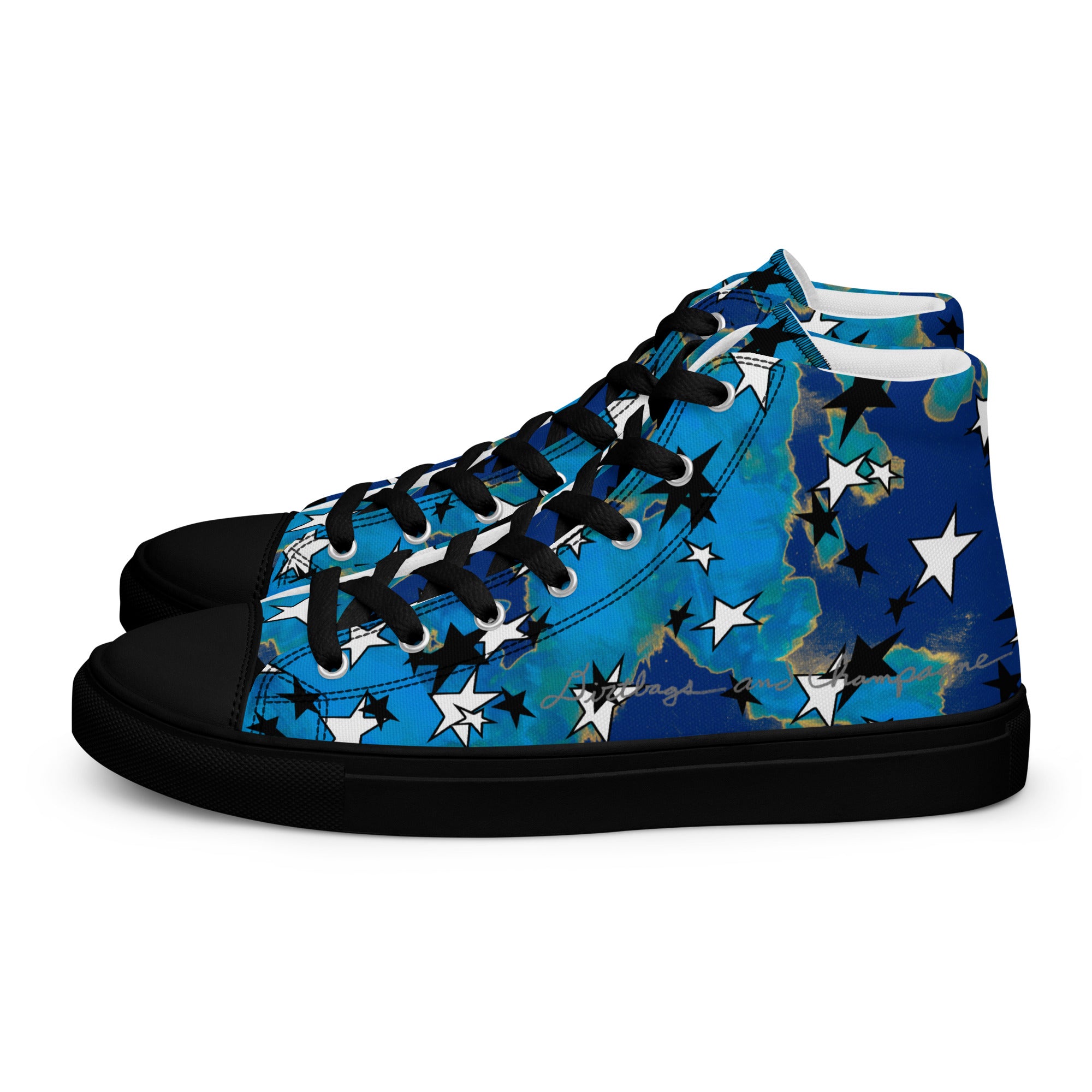 black and white stars, blue and yellow painted camo Men’s high top canvas shoes