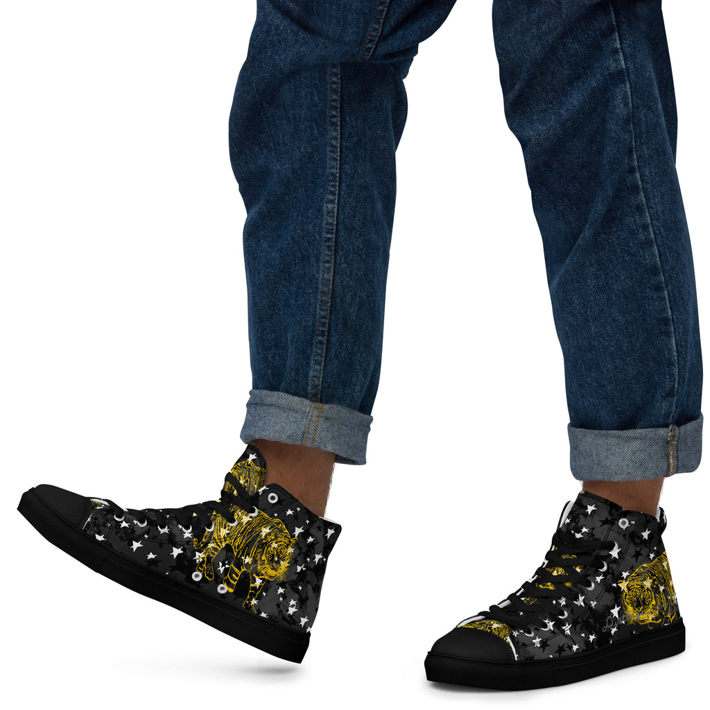 star space yellow tiger Men’s high top canvas shoes