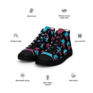 Cerulean and magenta skulls on black Men’s high top canvas shoes