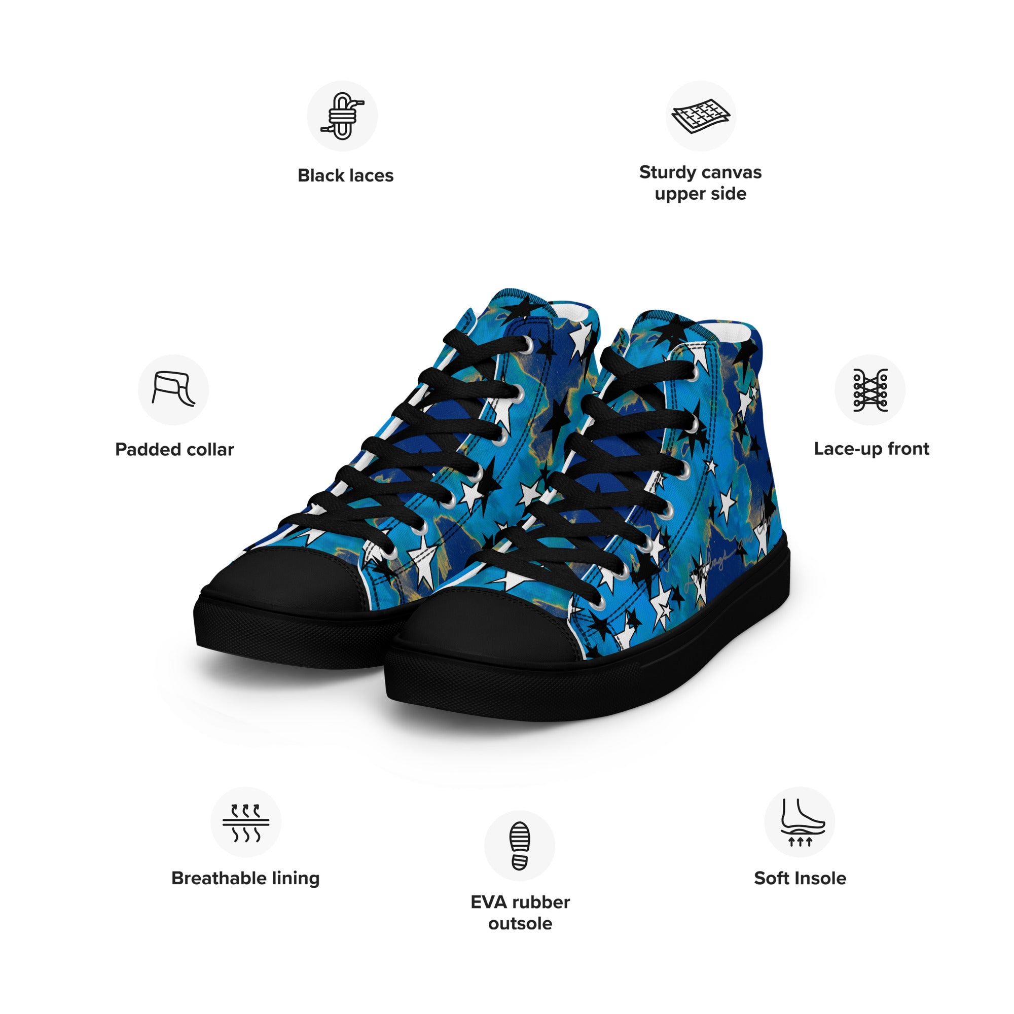 black and white stars, blue and yellow painted camo Men’s high top canvas shoes