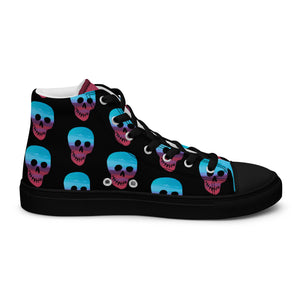 Cerulean and magenta skulls on black Men’s high top canvas shoes