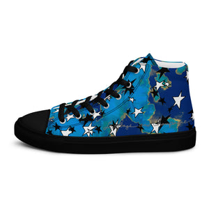 black and white stars, blue and yellow painted camo Men’s high top canvas shoes