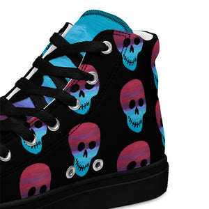 Cerulean and magenta skulls on black Men’s high top canvas shoes