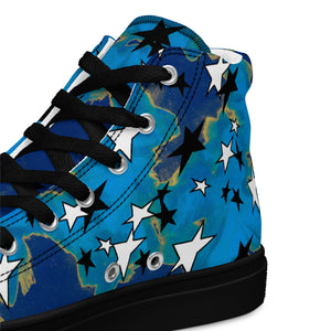 black and white stars, blue and yellow painted camo Men’s high top canvas shoes