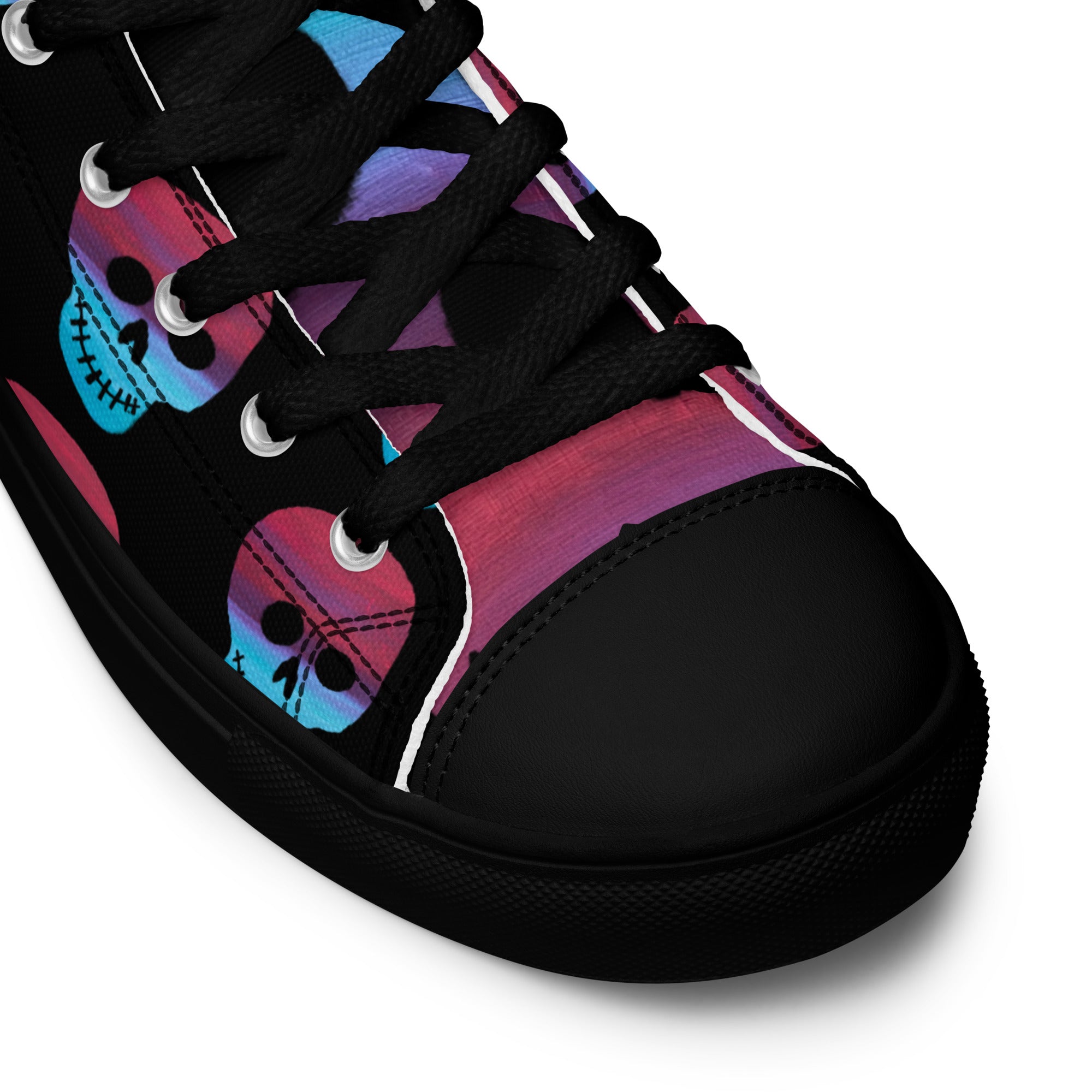 Cerulean and magenta skulls on black Men’s high top canvas shoes