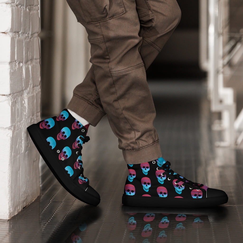 Cerulean and magenta skulls on black Men’s high top canvas shoes