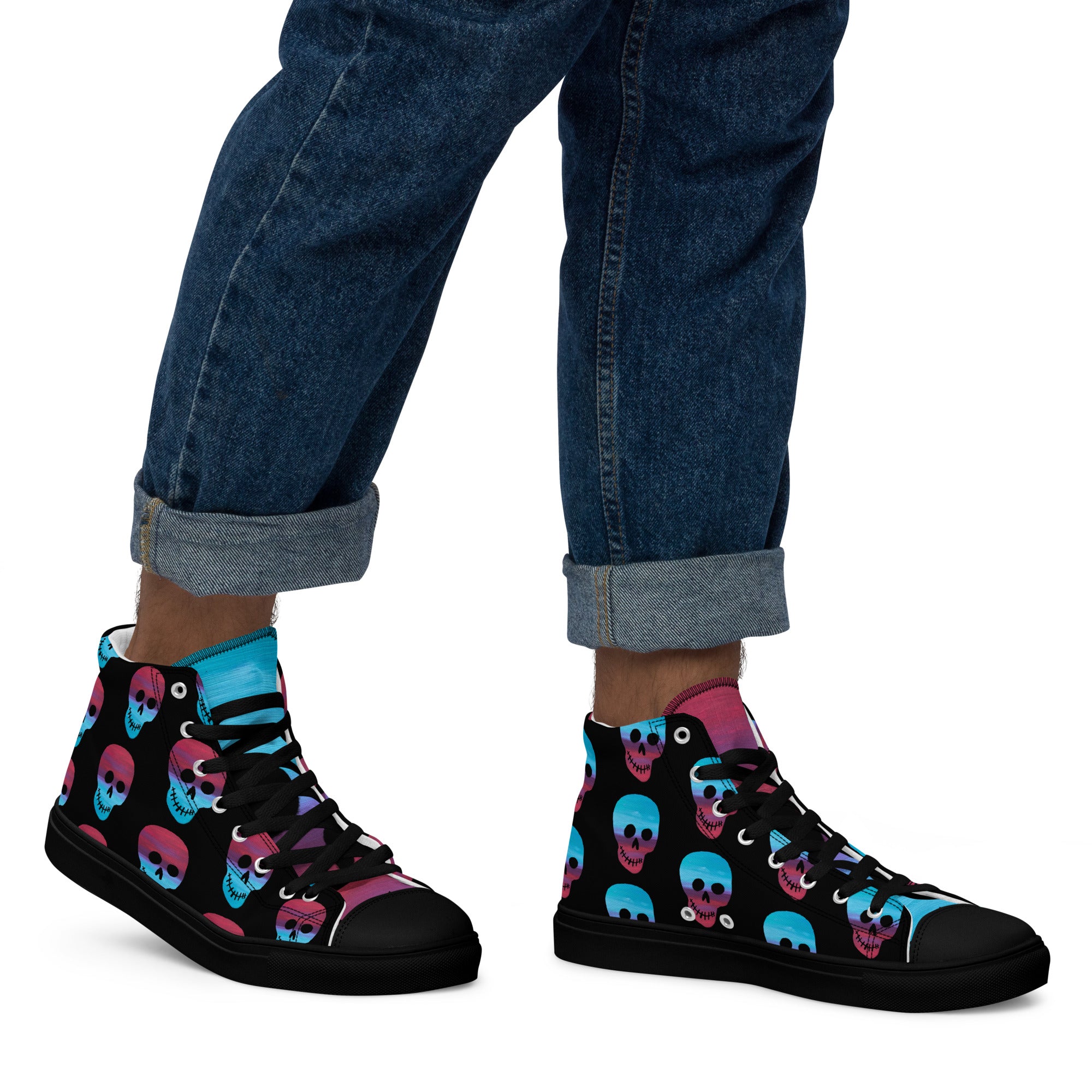 Cerulean and magenta skulls on black Men’s high top canvas shoes