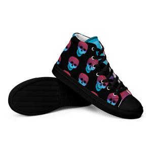 Cerulean and magenta skulls on black Men’s high top canvas shoes