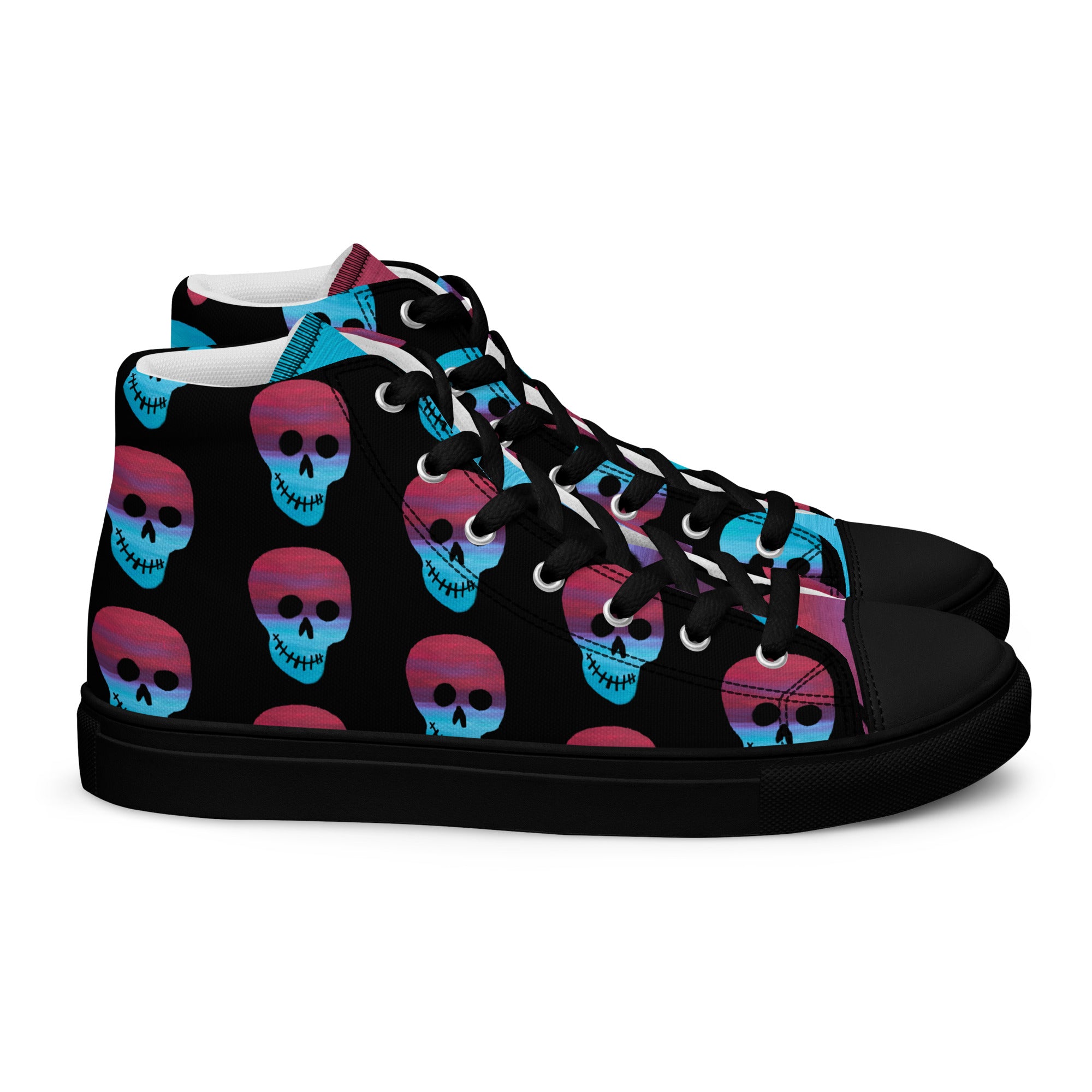 Cerulean and magenta skulls on black Men’s high top canvas shoes