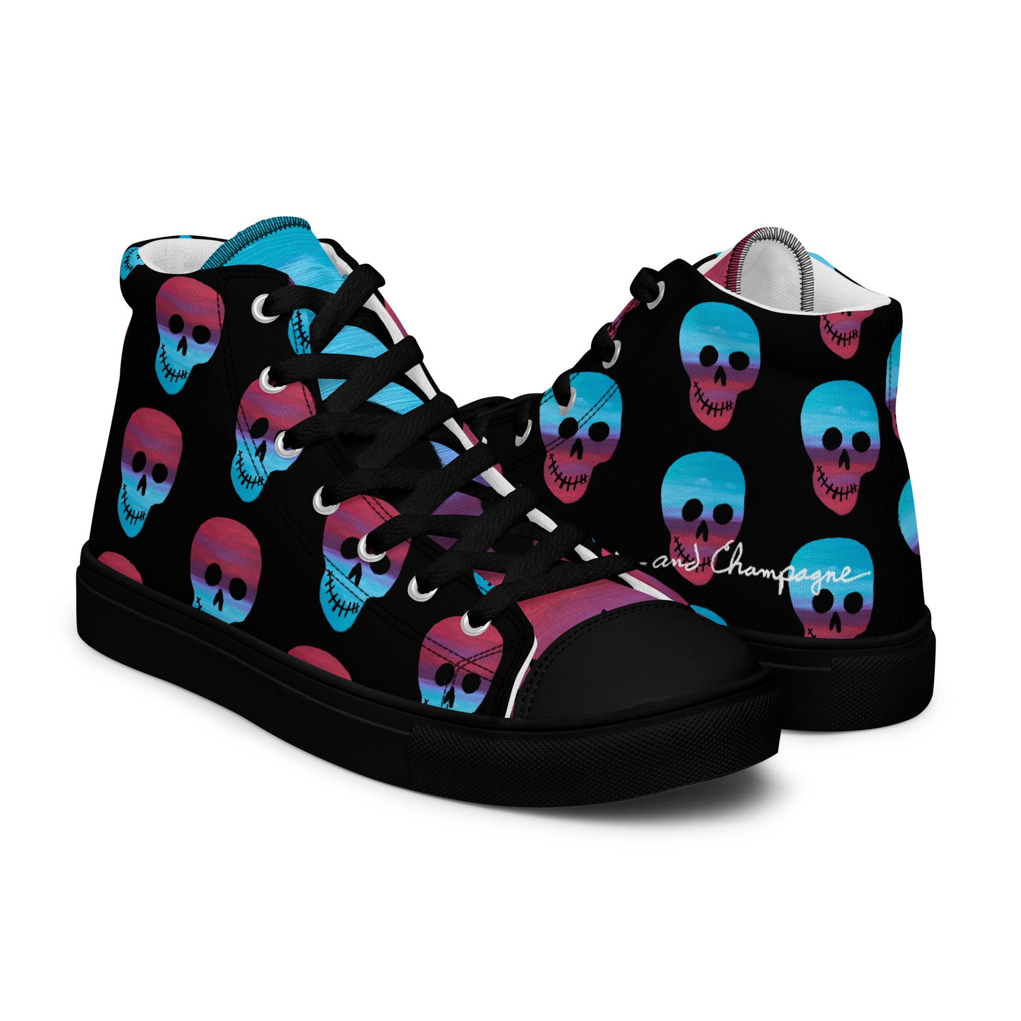 Cerulean and magenta skulls on black Men’s high top canvas shoes