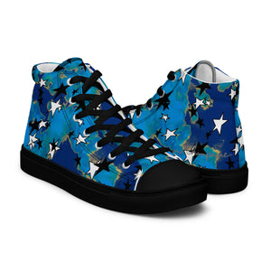 black and white stars, blue and yellow painted camo Men’s high top canvas shoes