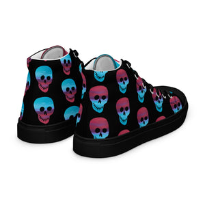 Cerulean and magenta skulls on black Men’s high top canvas shoes