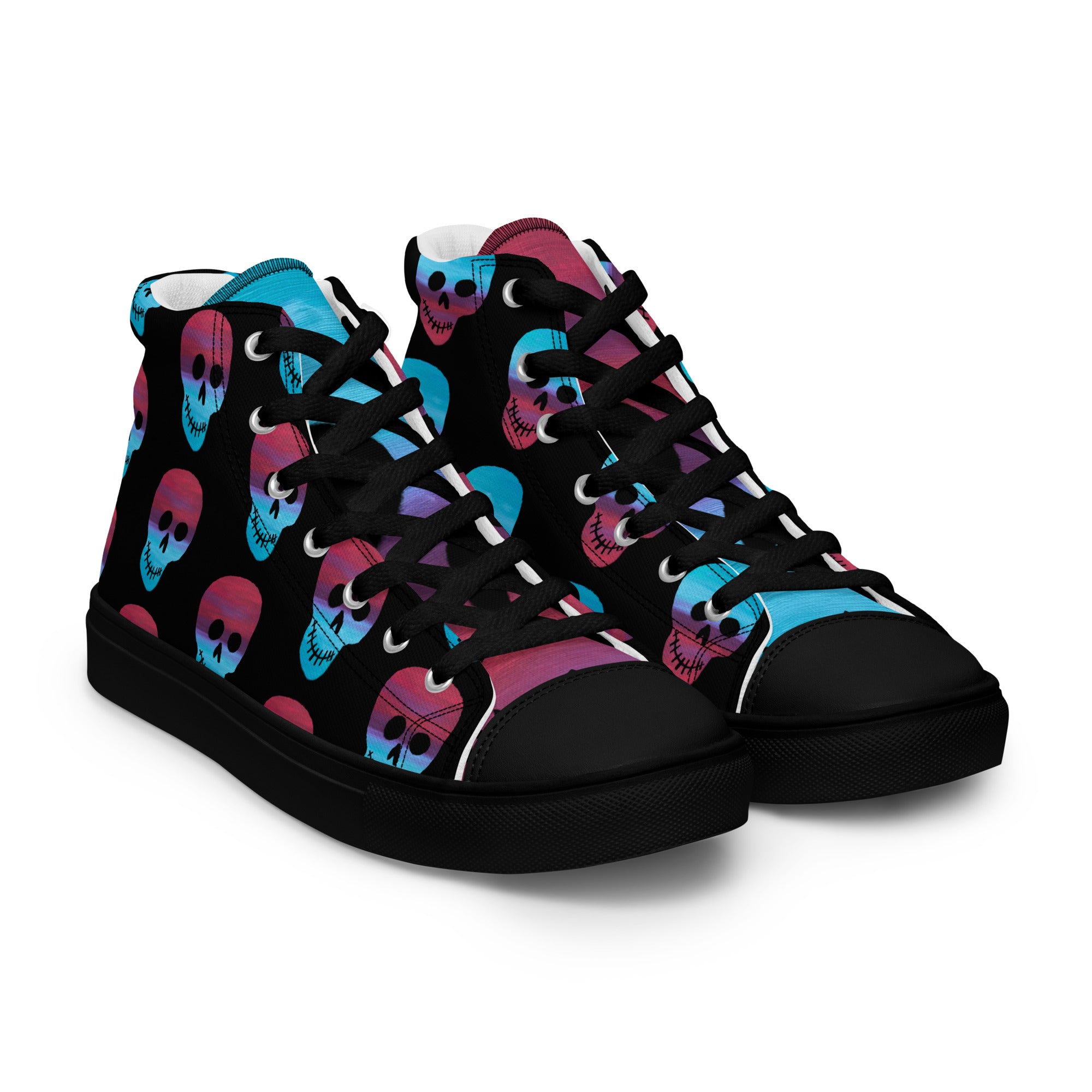 Cerulean and magenta skulls on black Men’s high top canvas shoes