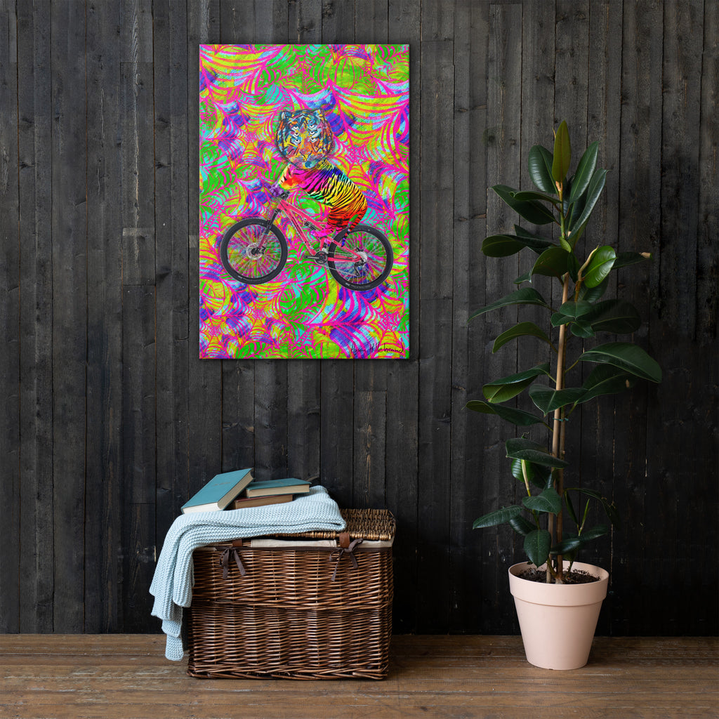 6 eyed rainbow tiger riding a bike across a neon web 3/4" thickness canvas