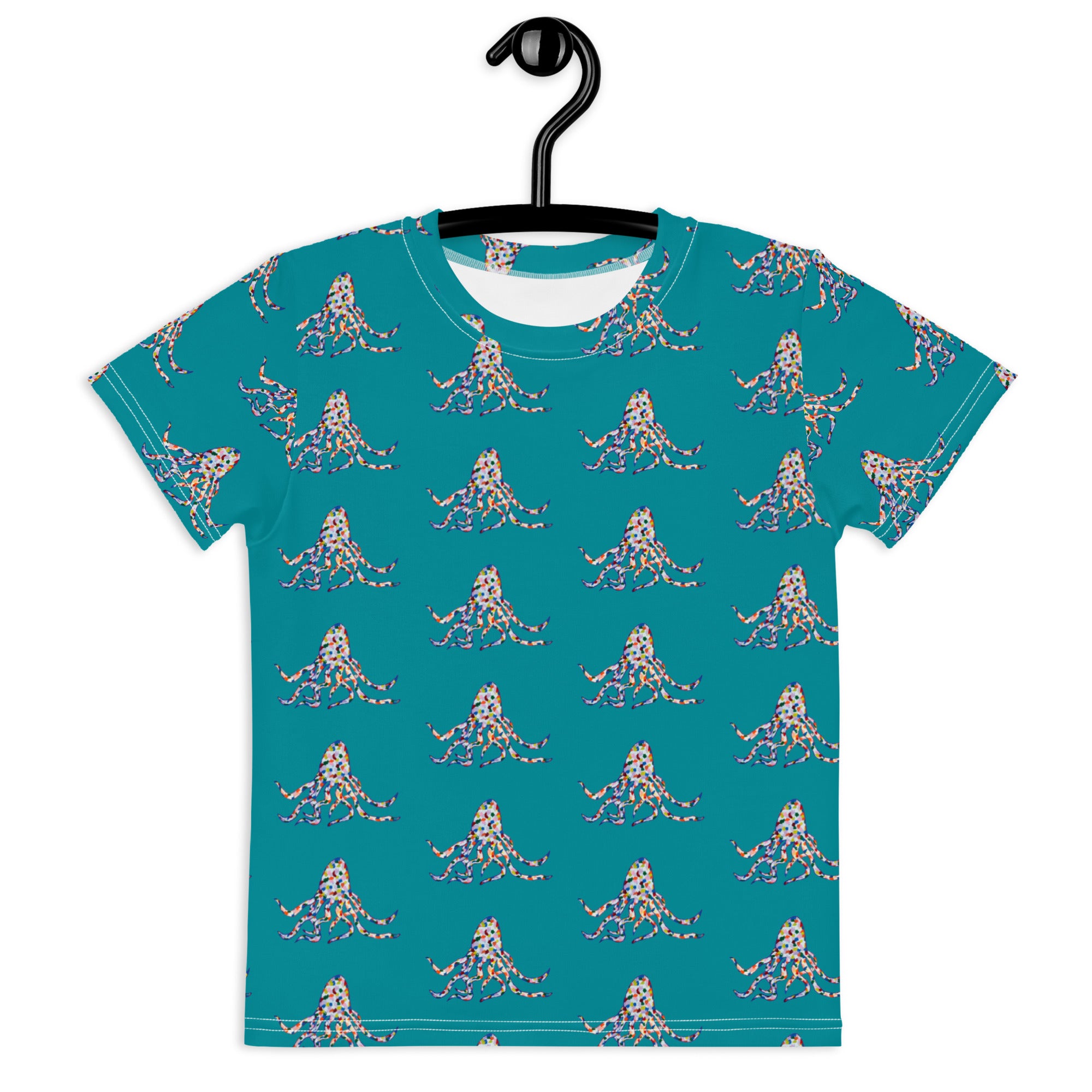 Rainbow Octopus Teal Kids crew neck t-shirt