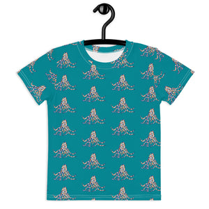 Rainbow Octopus Teal Kids crew neck t-shirt