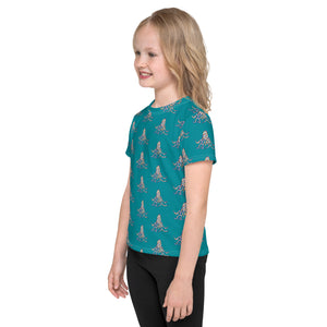 Rainbow Octopus Teal Kids crew neck t-shirt