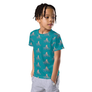 Rainbow Octopus Teal Kids crew neck t-shirt