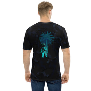 black, teal moonman and palm men's t-shirt