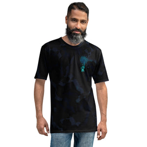 black, teal moonman and palm men's t-shirt