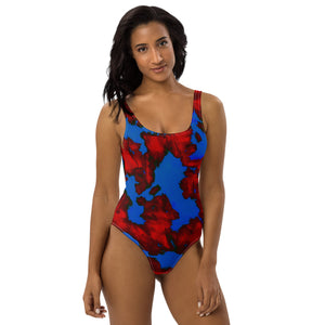 Red and Blue One-Piece Swimsuit