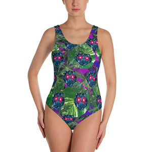 blue tiger with flower eyes, green leaves and Daphne One-Piece Swimsuit