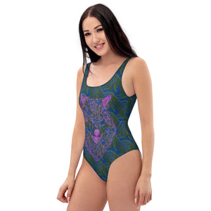 lavender wolf on leave and dark blue One-Piece Swimsuit