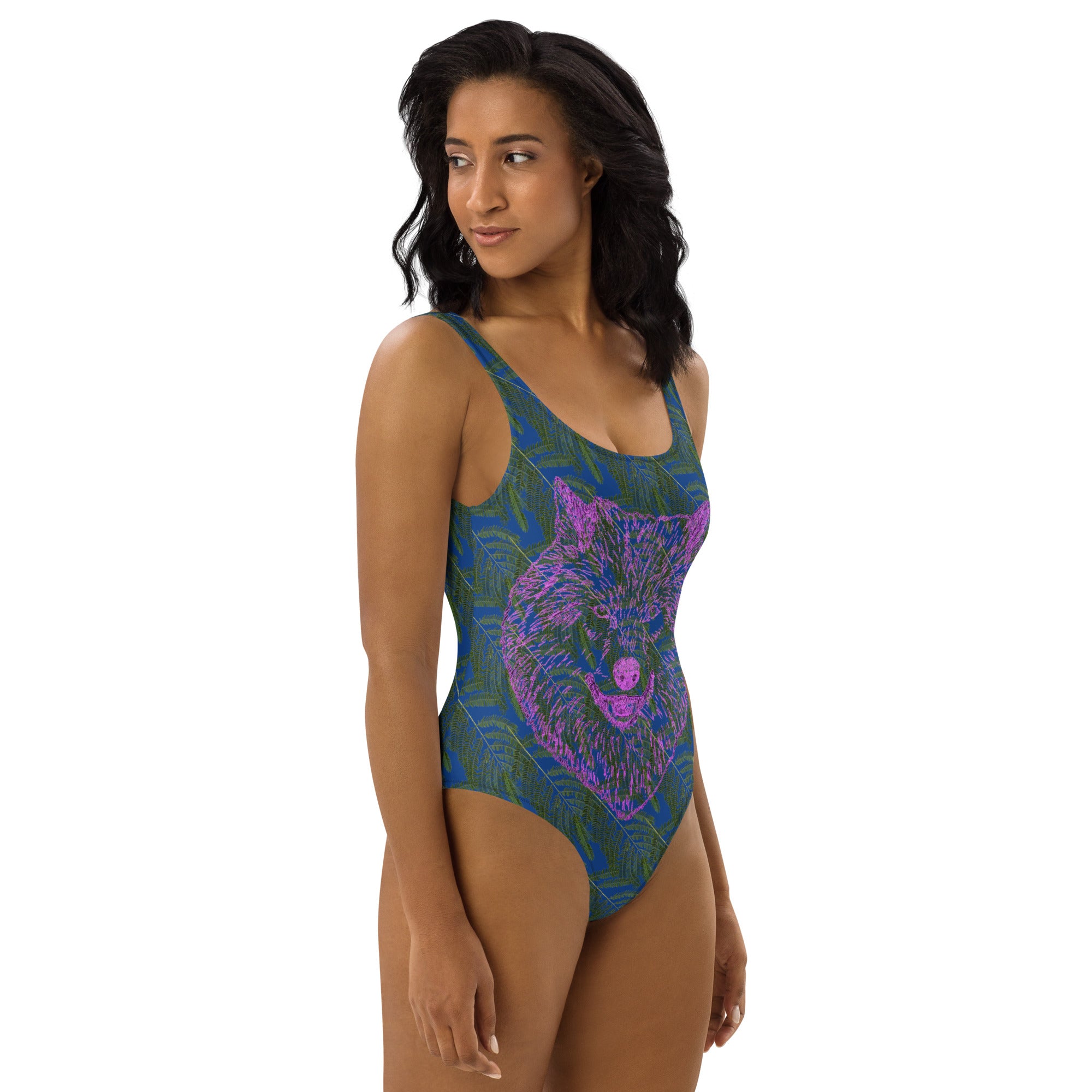 lavender wolf on leave and dark blue One-Piece Swimsuit