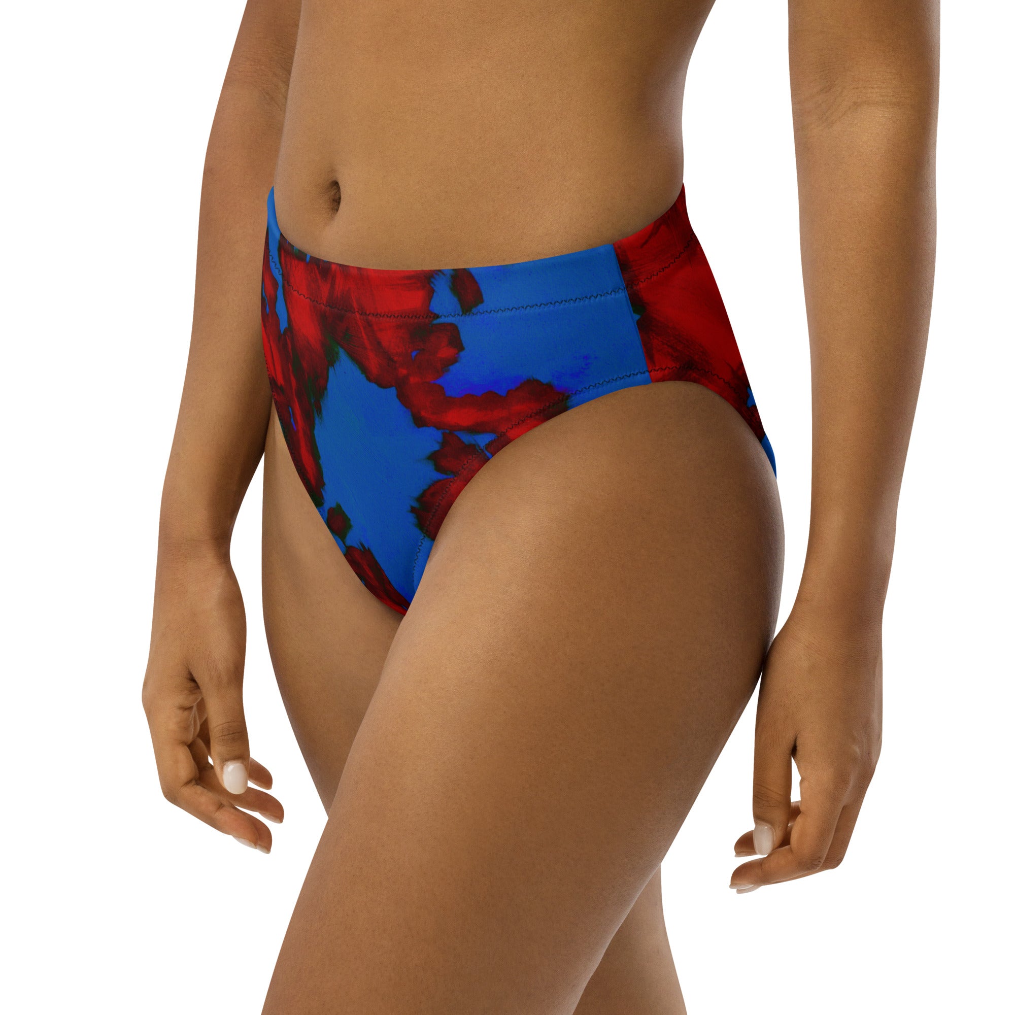 Red and Blue painted Recycled high-waisted bikini bottom