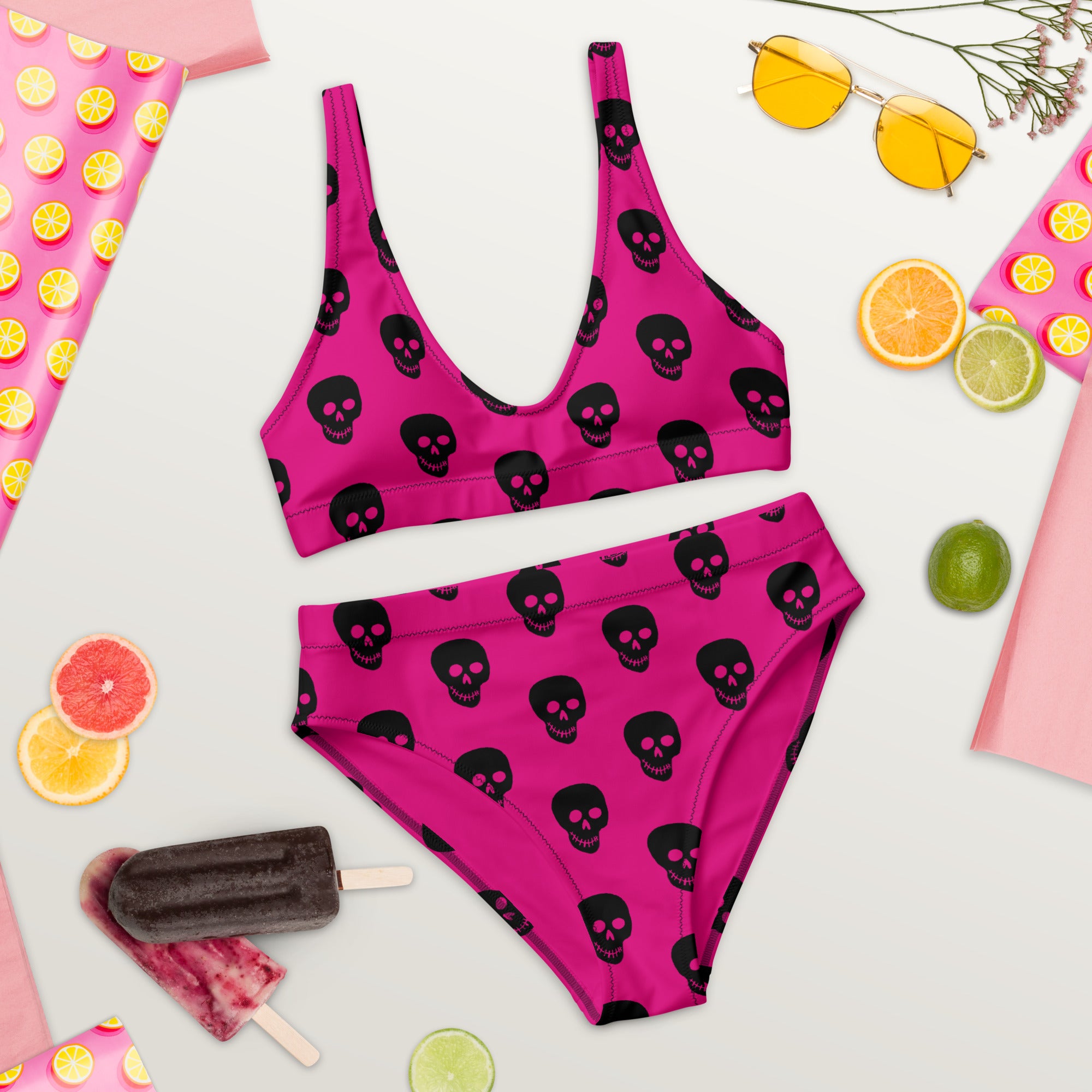 Pink Black Skull Recycled high-waisted bikini