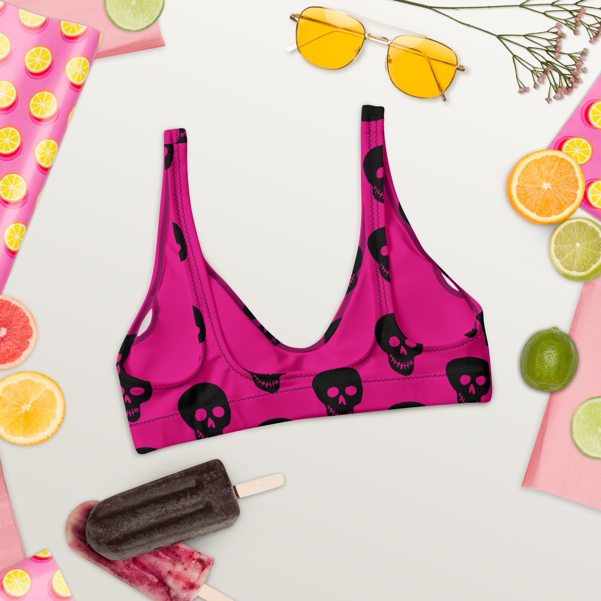 Pink! black skulls Recycled padded bikini top