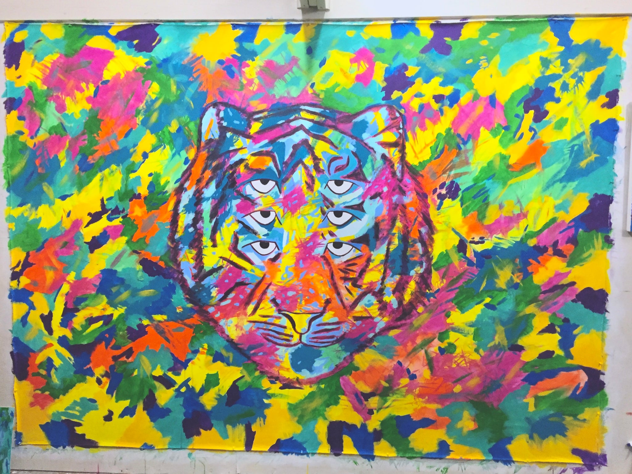 Six Eyed Rainbow Tiger, original acrylic painting on unstretched canvas 84" x 110"